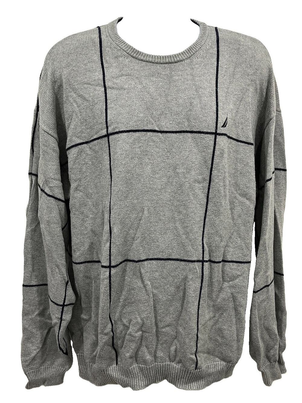 Vintage Nautica Sweater Mens XL Gray Windowpane Check Crew Neck Ribbed Knit